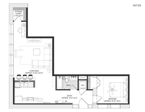 Floor plan for 1 bed, 1 bath, 881 sqft